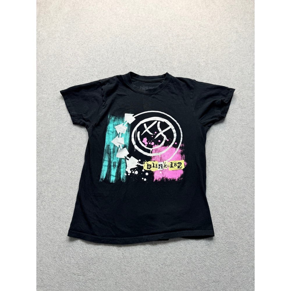 Blink-182 Smiley Face Graphic T-Shirt Black Size M Pop Punk Band Tee